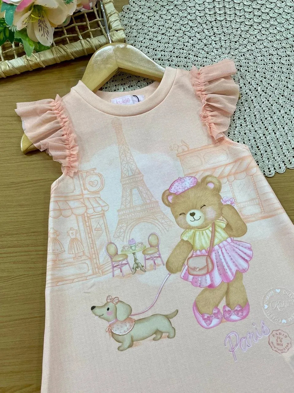 Vestido Infantil Kukiê Salmão Ursinha Paris