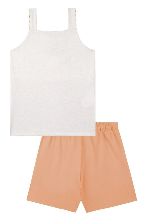 Conjunto Infantil Kukiê Verão com Shorts Laranja e Regata em Off White Florzinha