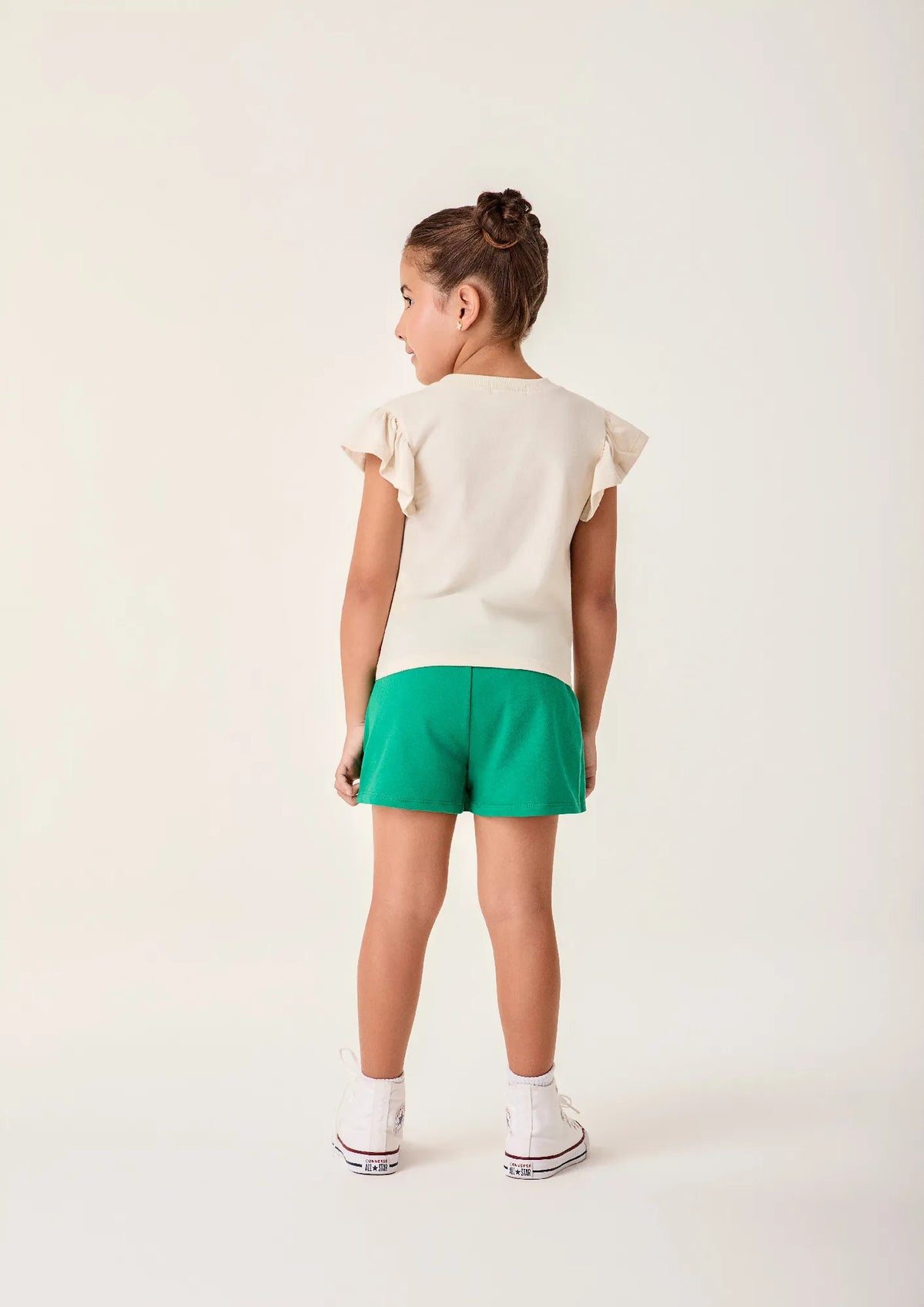 Conjunto Infantil Menina Bimbi Shorts Saia Verde e Blusa Bege Jardim
