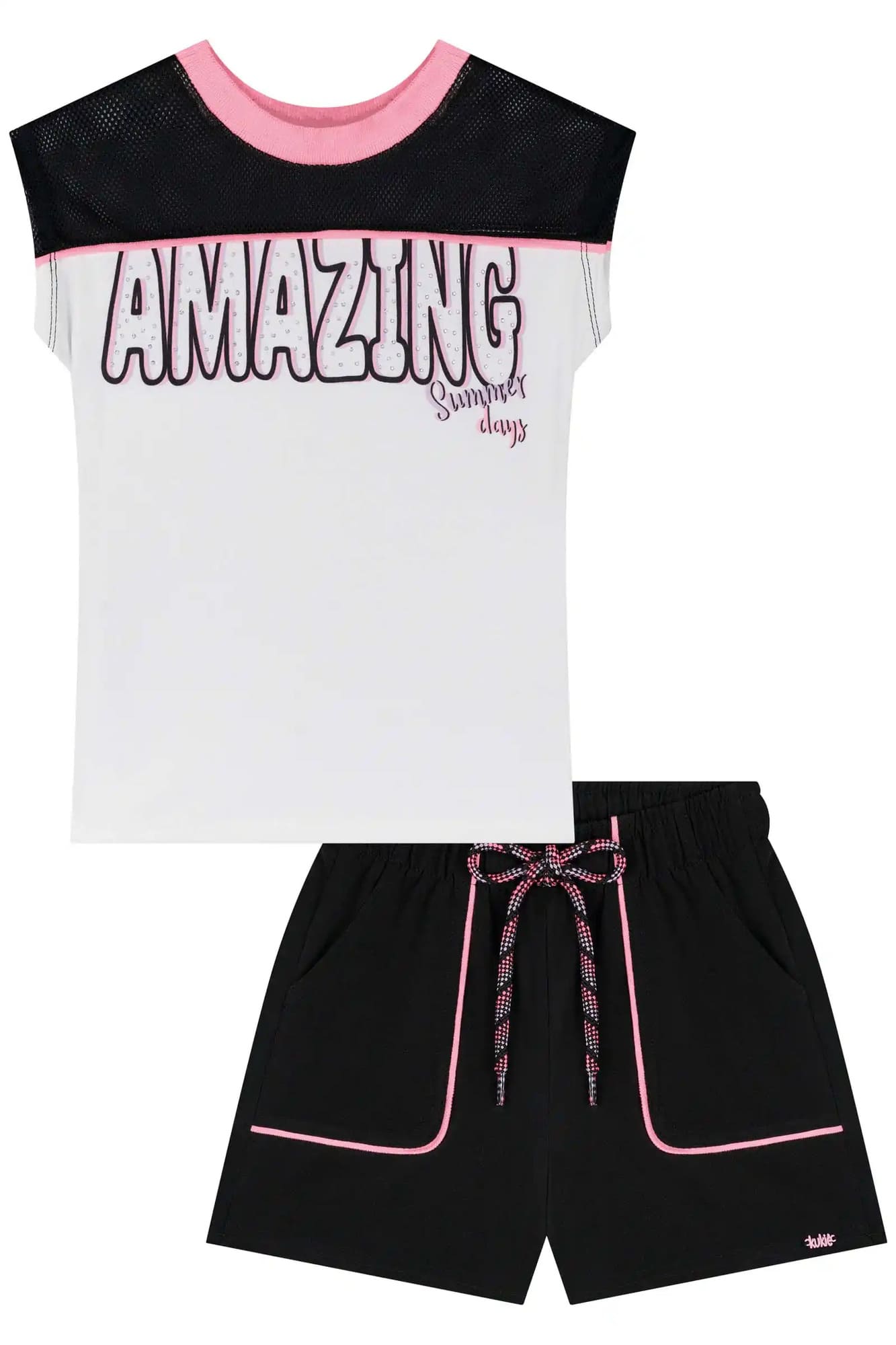 Conjunto Infantil Kukiê Verão com Short Preto e Blusa Branca com Strass Fashion