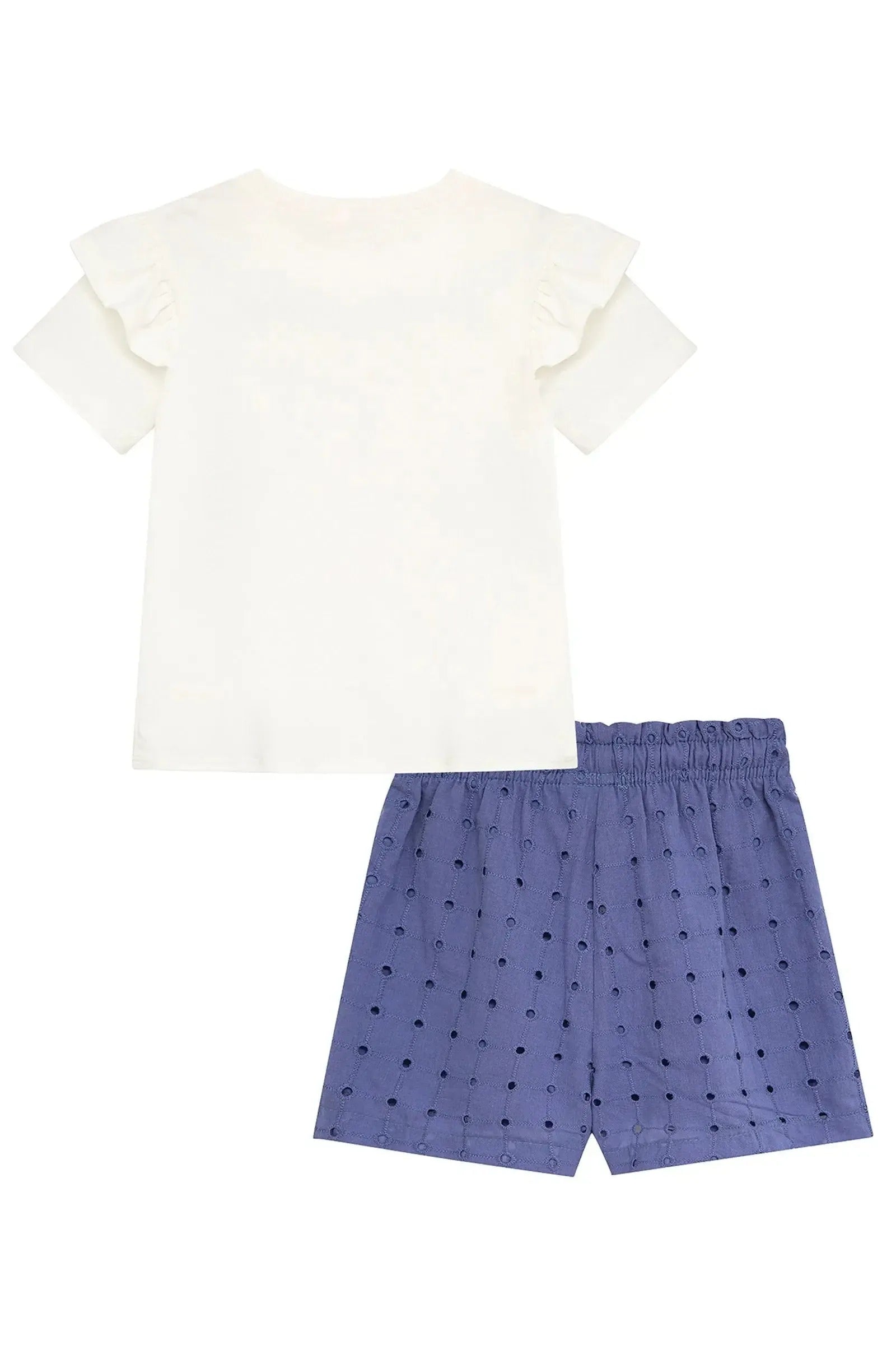 Conjunto Infantil Menina Kukiê com Shorts em Laise Azul e Blusa Branca Ursinhas