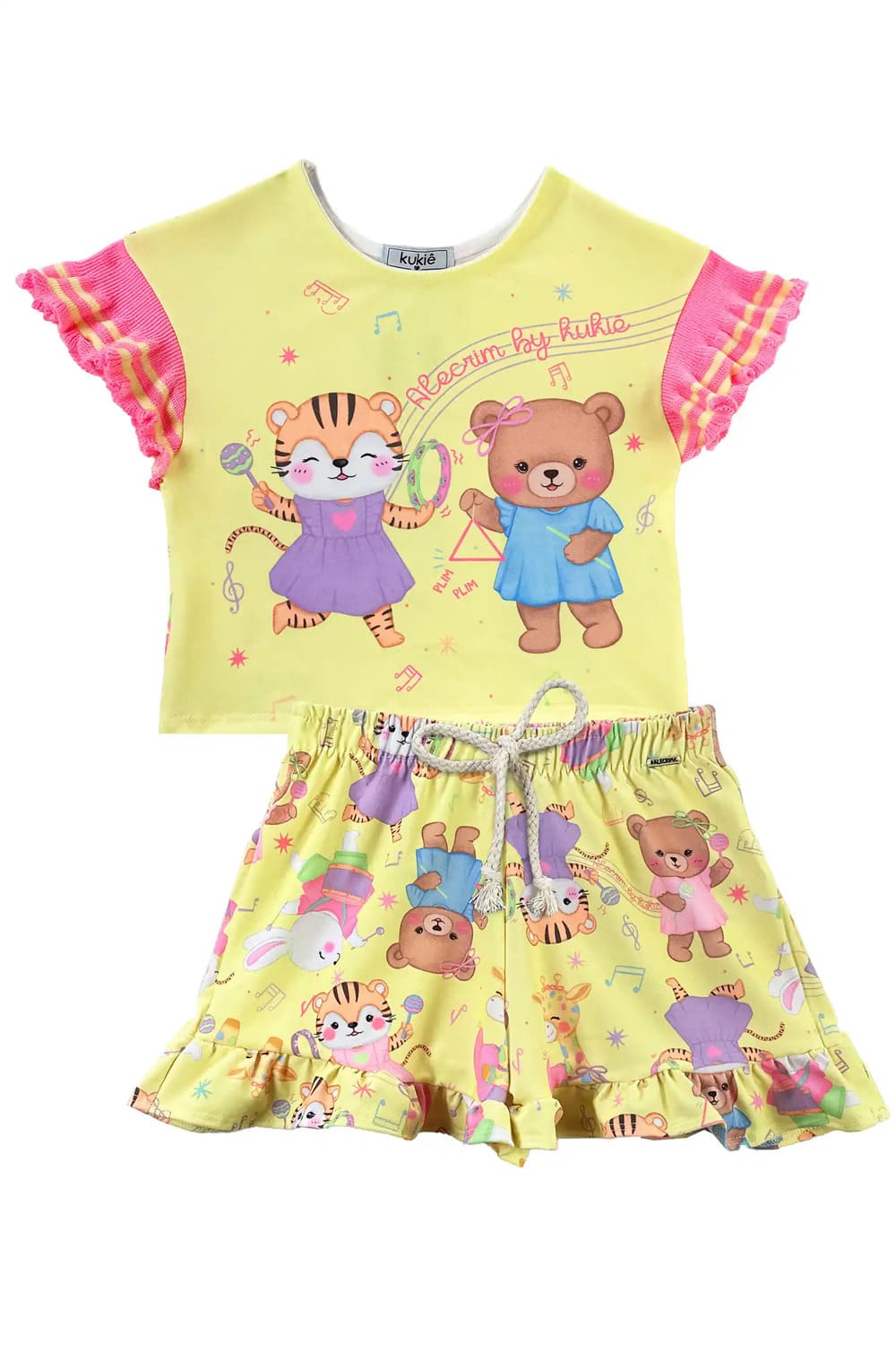 Conjunto Infantil Kukie Verão Shorts e Blusa Amarela Musical dos Animais