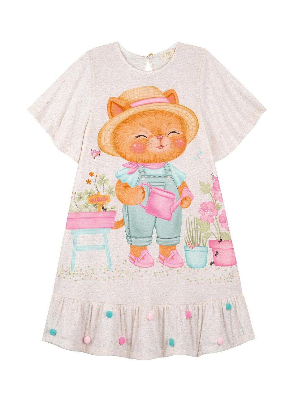 Vestido Infantil Kukiê Verão Off White com Pom Pom Gatinha Jardineira