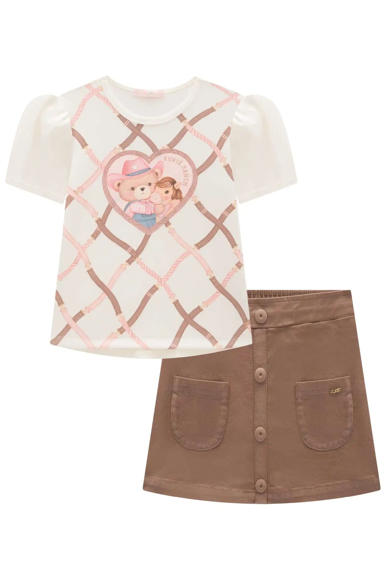 Conjunto Infantil Kukiê Inverno com Saia Marrom e Blusa Ursinha Country