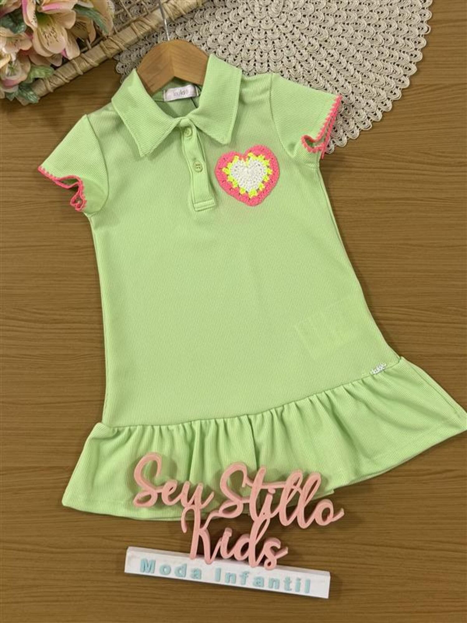 Vestido Infantil Kukiê Verão Verde Coração Tricô