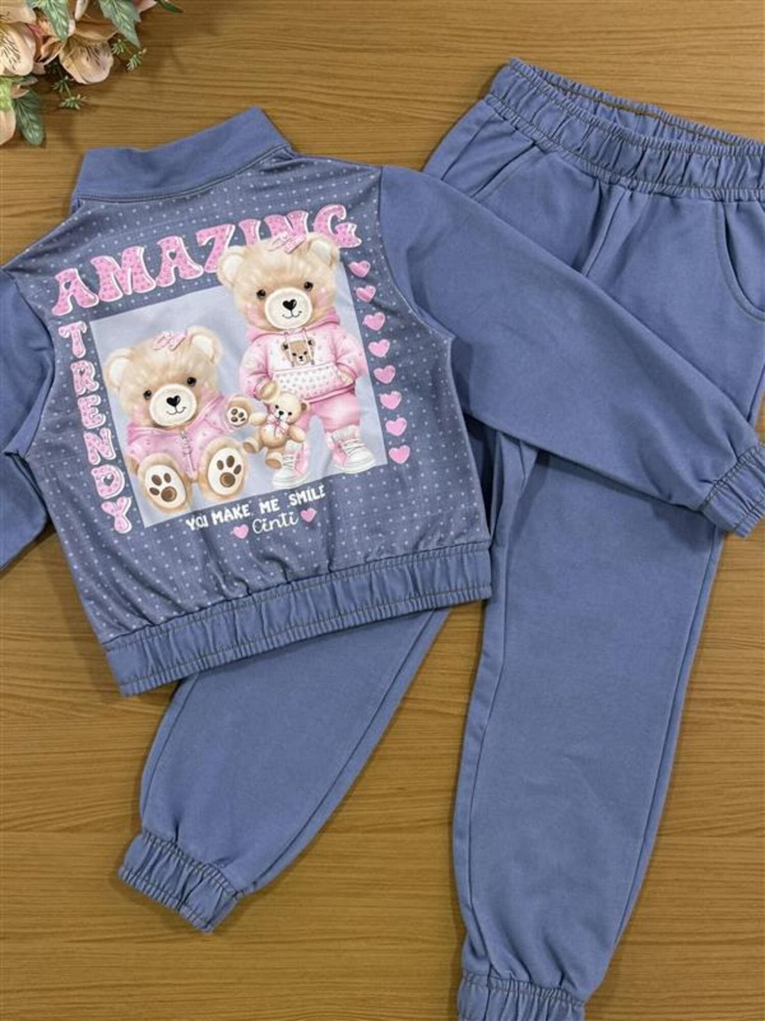 Conjunto Infantil Cinti Inverno com Calça e Jaqueta Jeans Claro Ursinhos