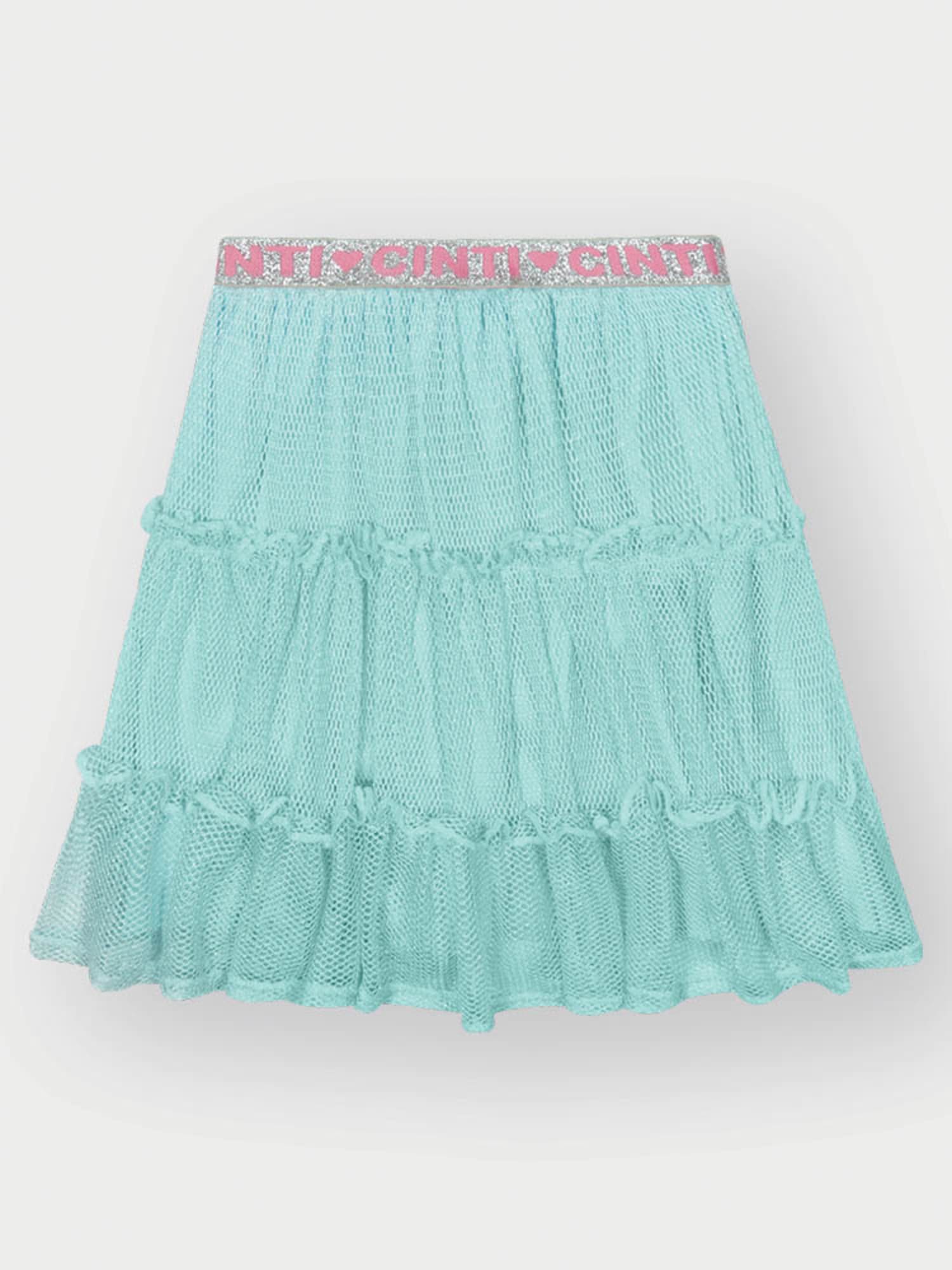 Conjunto Infantil Cinti Verão com Saia Azul em Tela e Blusa Branca Rosquinha