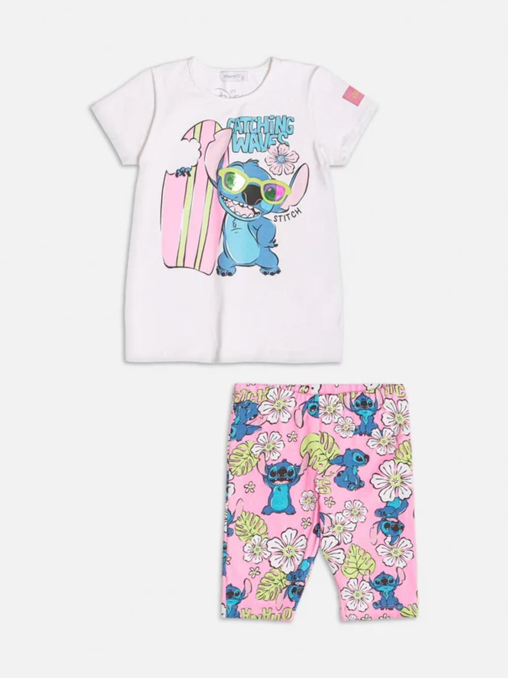 Conjunto Infantil Momi Verão Shorts Ciclista Rosa e Blusa Stitch Disney