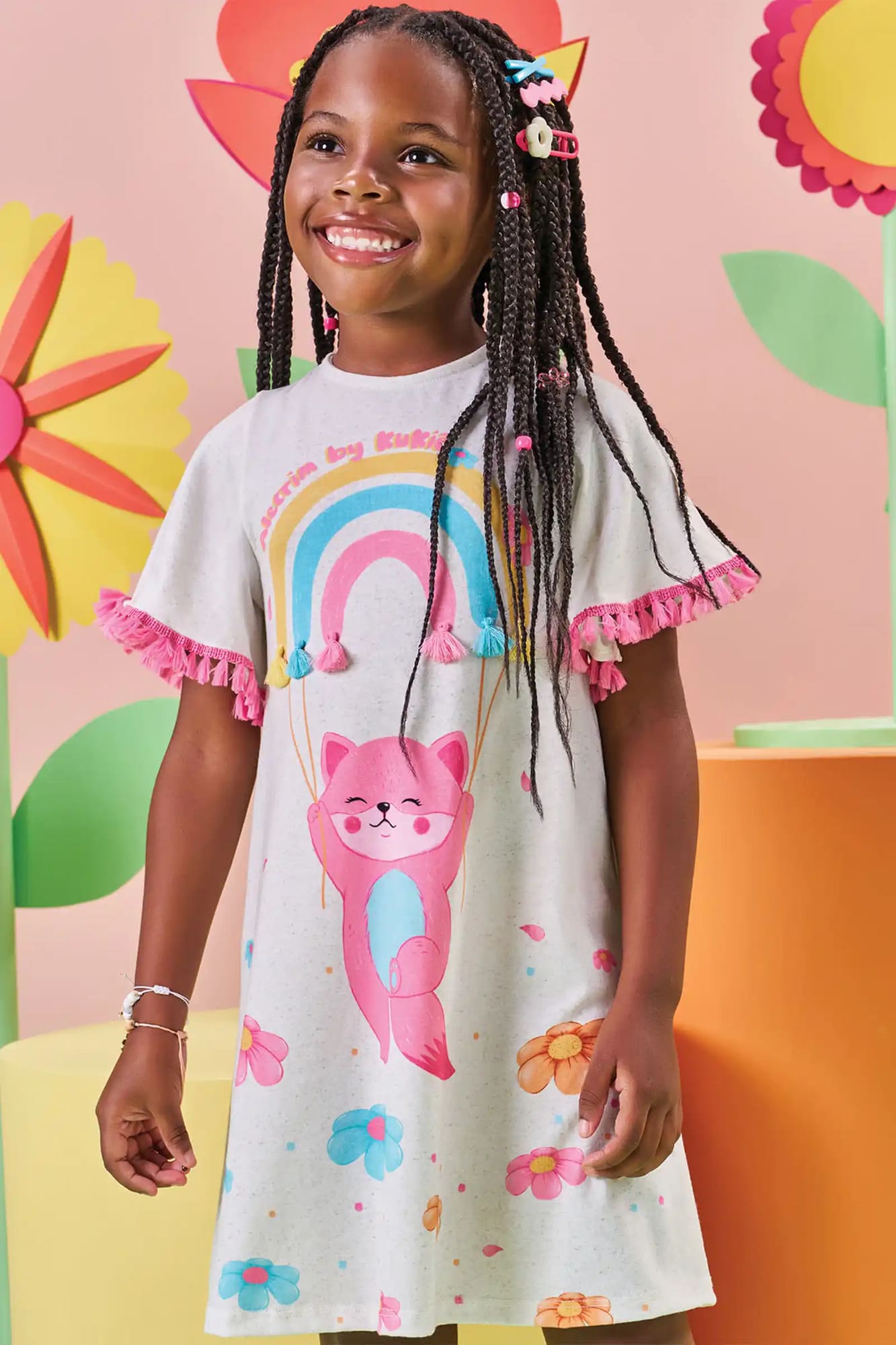 Vestido Infantil Kukiê Verão Off White Arco-Íris