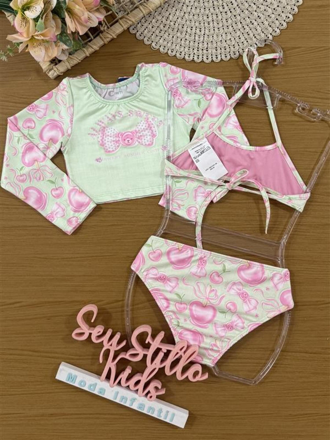 Biquíni Infantil Cinti Verão com Blusa Manga Longa Verde Docinhos