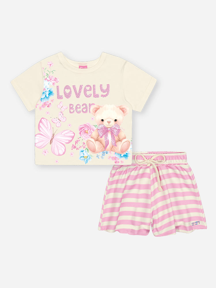 Conjunto Infantil Cinti Verão com Shorts Rosa Listrado e Blusa Branca Ursinha Lovely