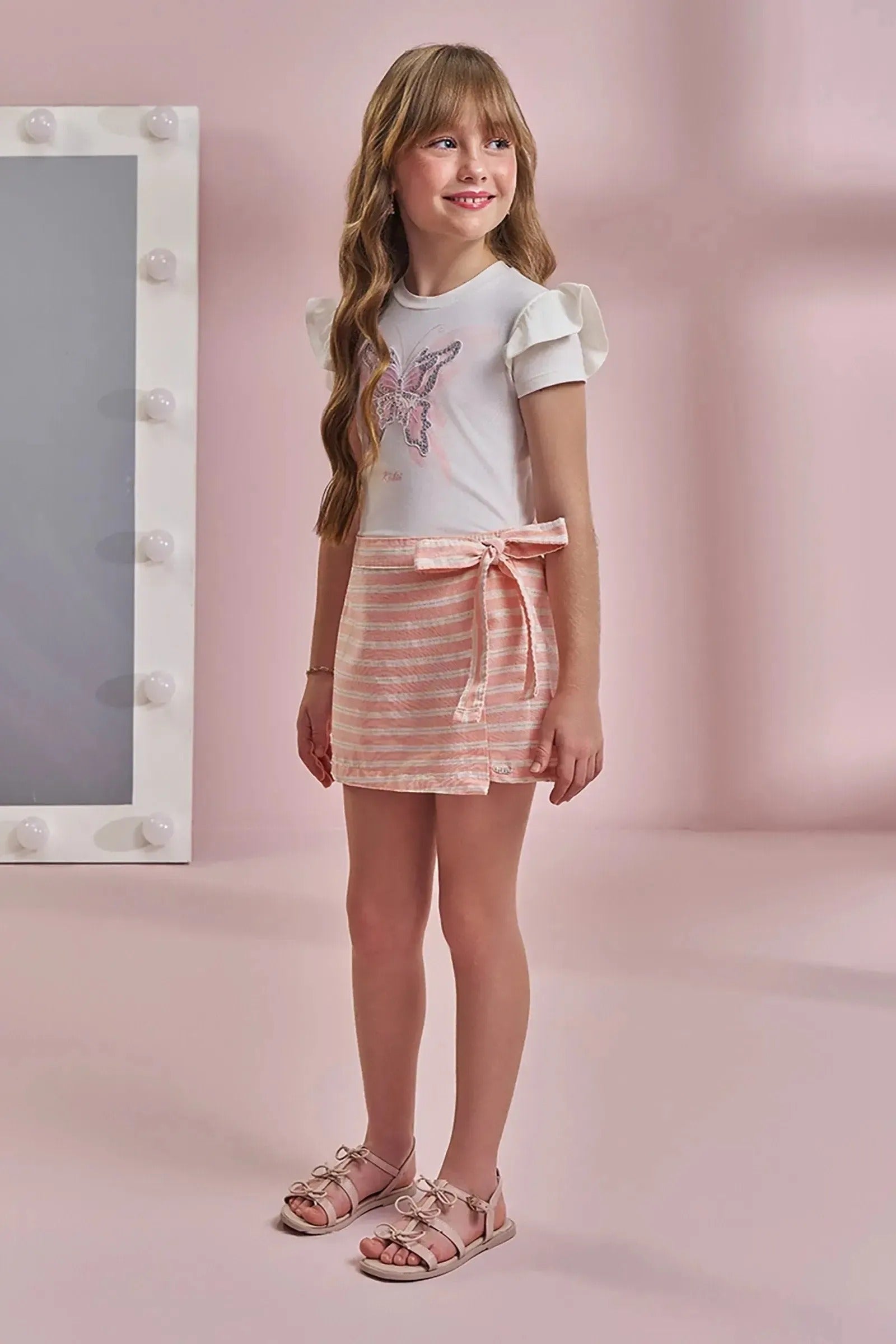 Conjunto Infantil Menina Kukiê com Shorts Saia Listrado e Blusa Branca Borboletinha
