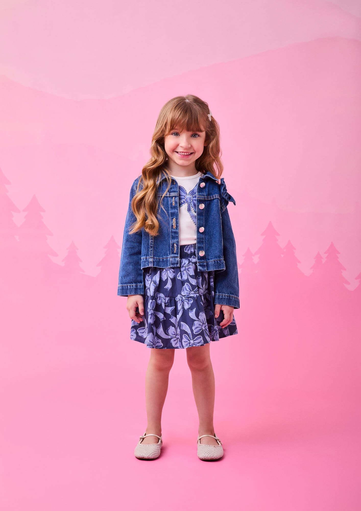 Conjunto Infantil Momi Inverno com Saia Azul e Blusa Branca Lacinho