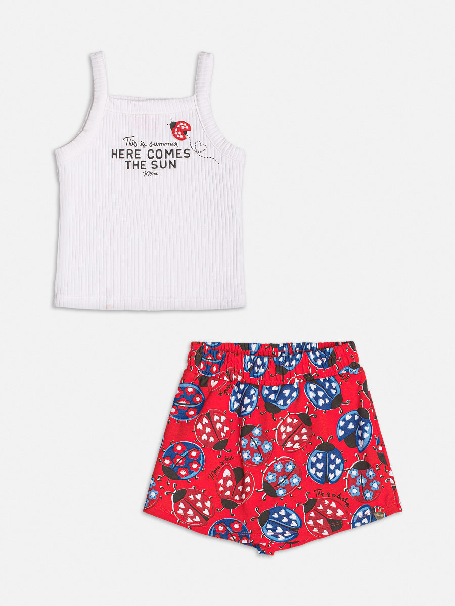 Conjunto Infantil Momi Verão Shorts Saia Joaninha e Regata