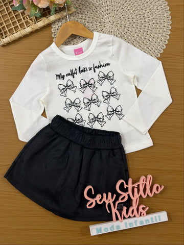 Conjunto Infantil Cinti Invernio com Shorts Saia Preta e Blusa Manga Longa Lacinhos