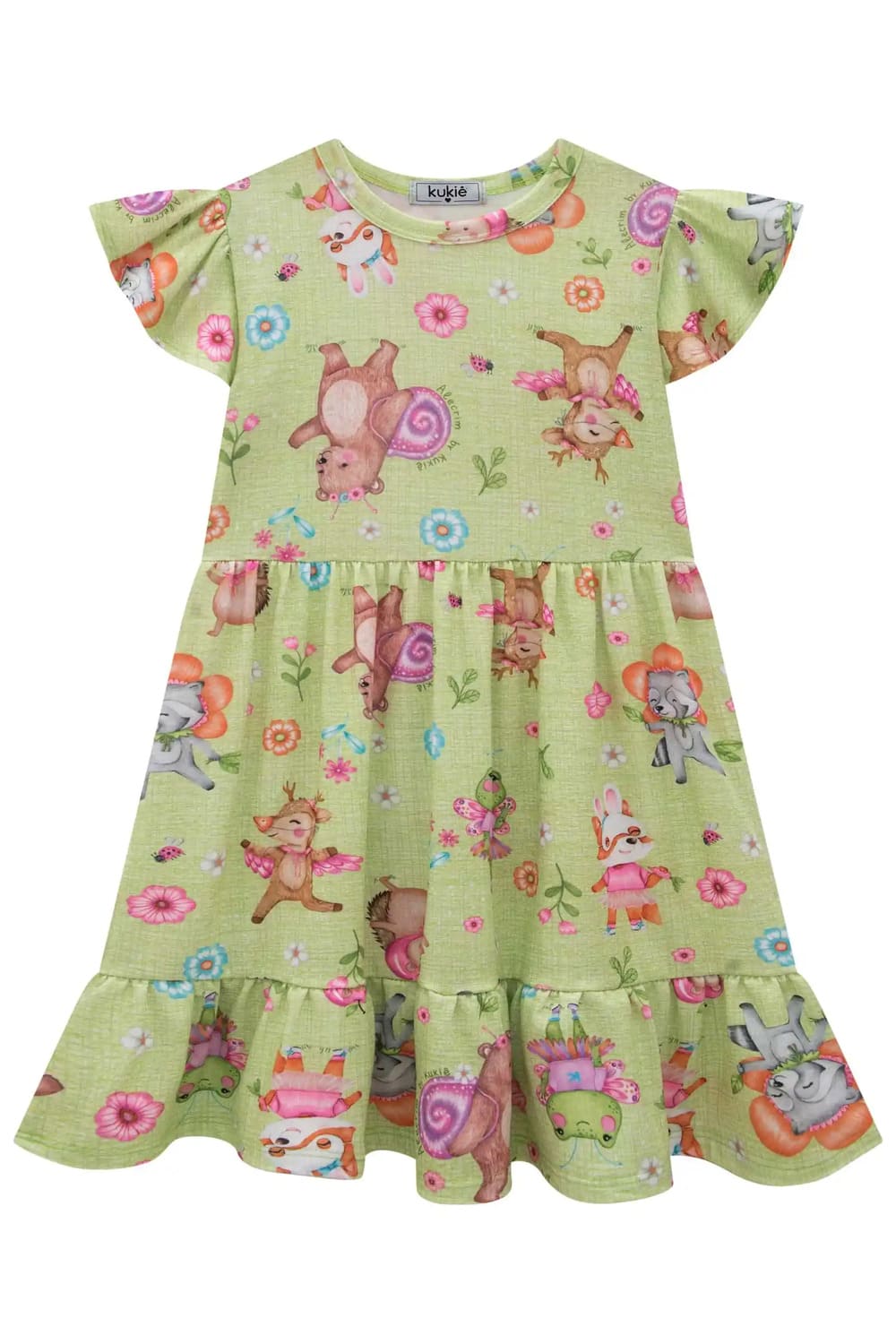 Vestido Infantil Kukie Verão Verde Animais Com Colete Jeans