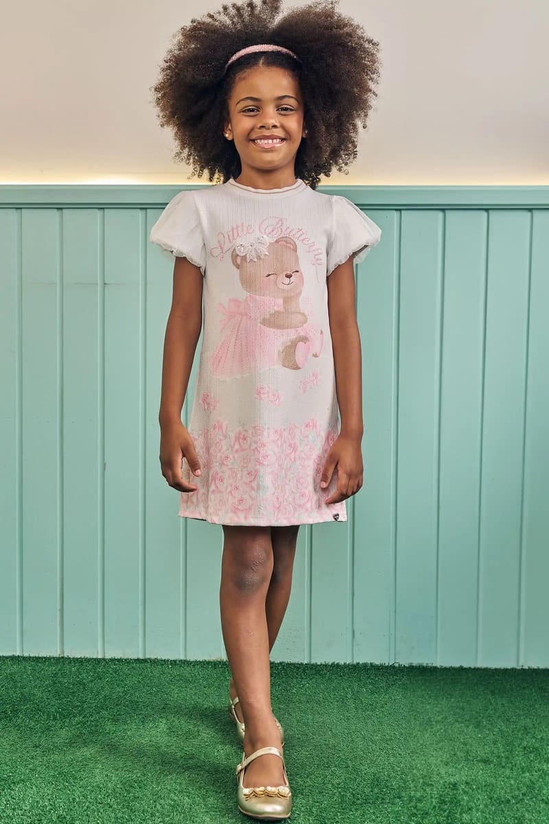 Vestido Infantil Kukiê Verão Off White Ursinha com Lacinho