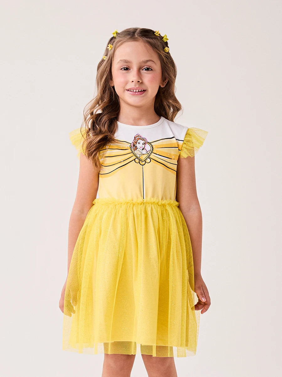 Vestido Infantil Bimbi Inverno com Tule e Brilho Amarelo Bella Disney