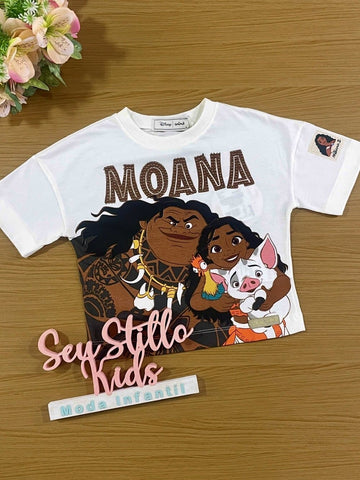 Blusa Infantil Animê Verão Off White Moana Disney