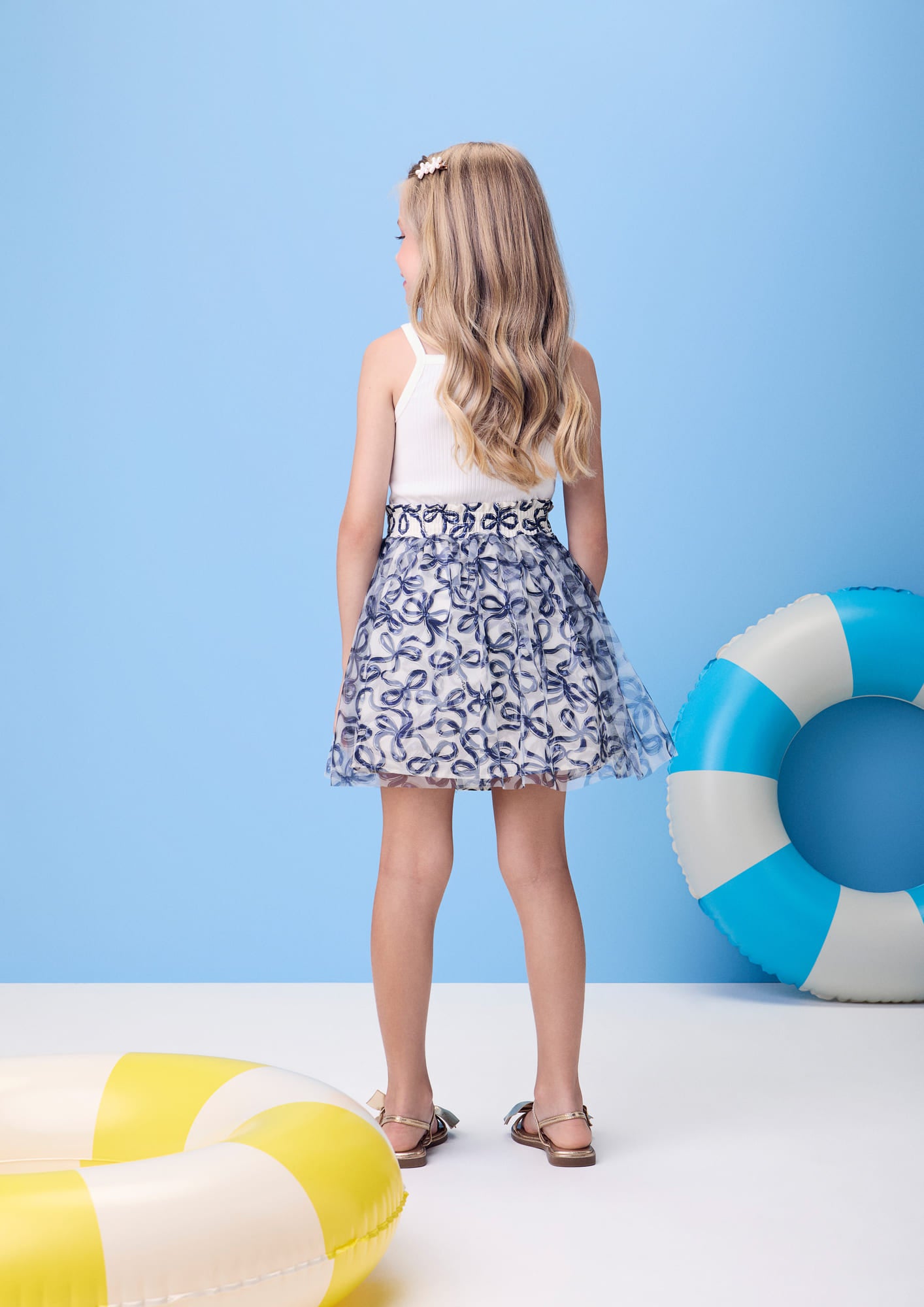 Conjunto Infantil Momi Verão com Saia em Tule e Regata Branca Lacinho