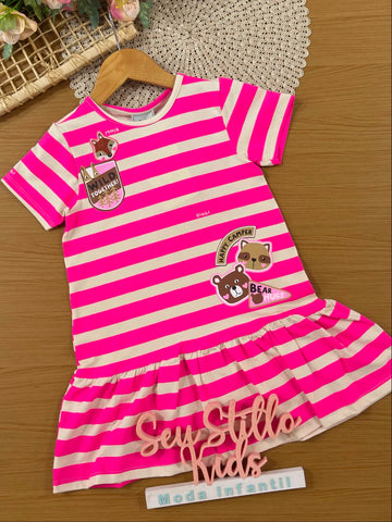 Vestido Infantil Bimbi Inverno Rosa Listrado Happy Camper
