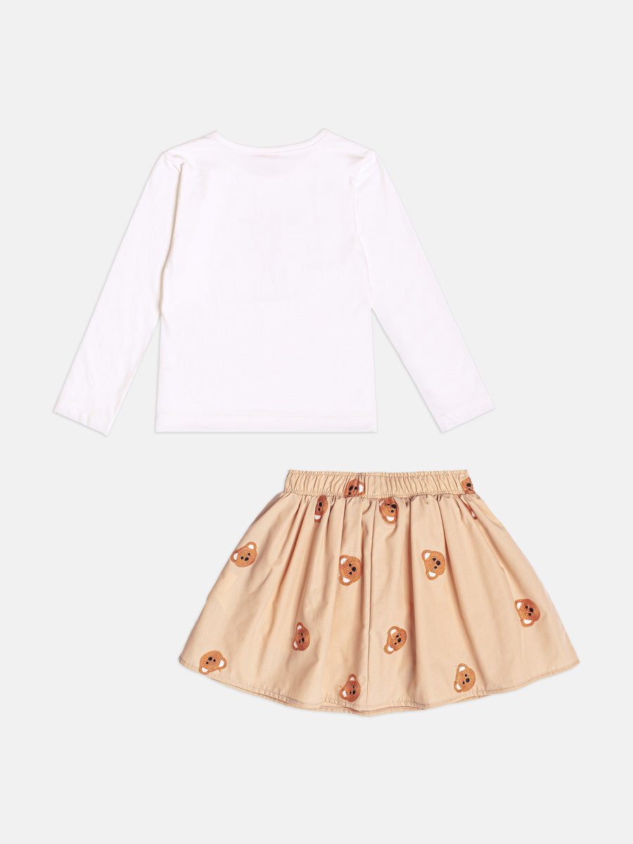 Conjunto Infantil Momi Inverno com Saia Bege e Blusa Branca Ursinho