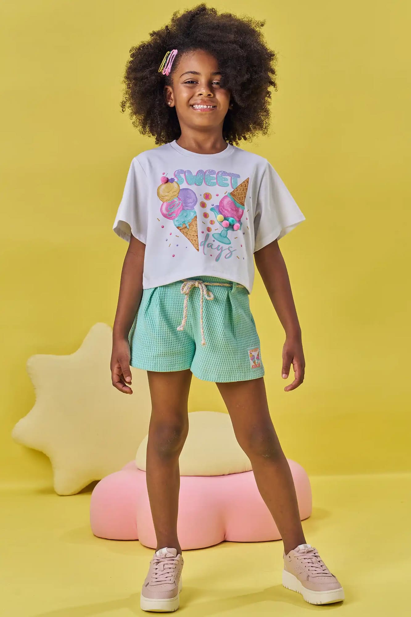 Conjunto Infantil Kukiê Verão com Shorts Verde e Blusa Branca Sorvetinho