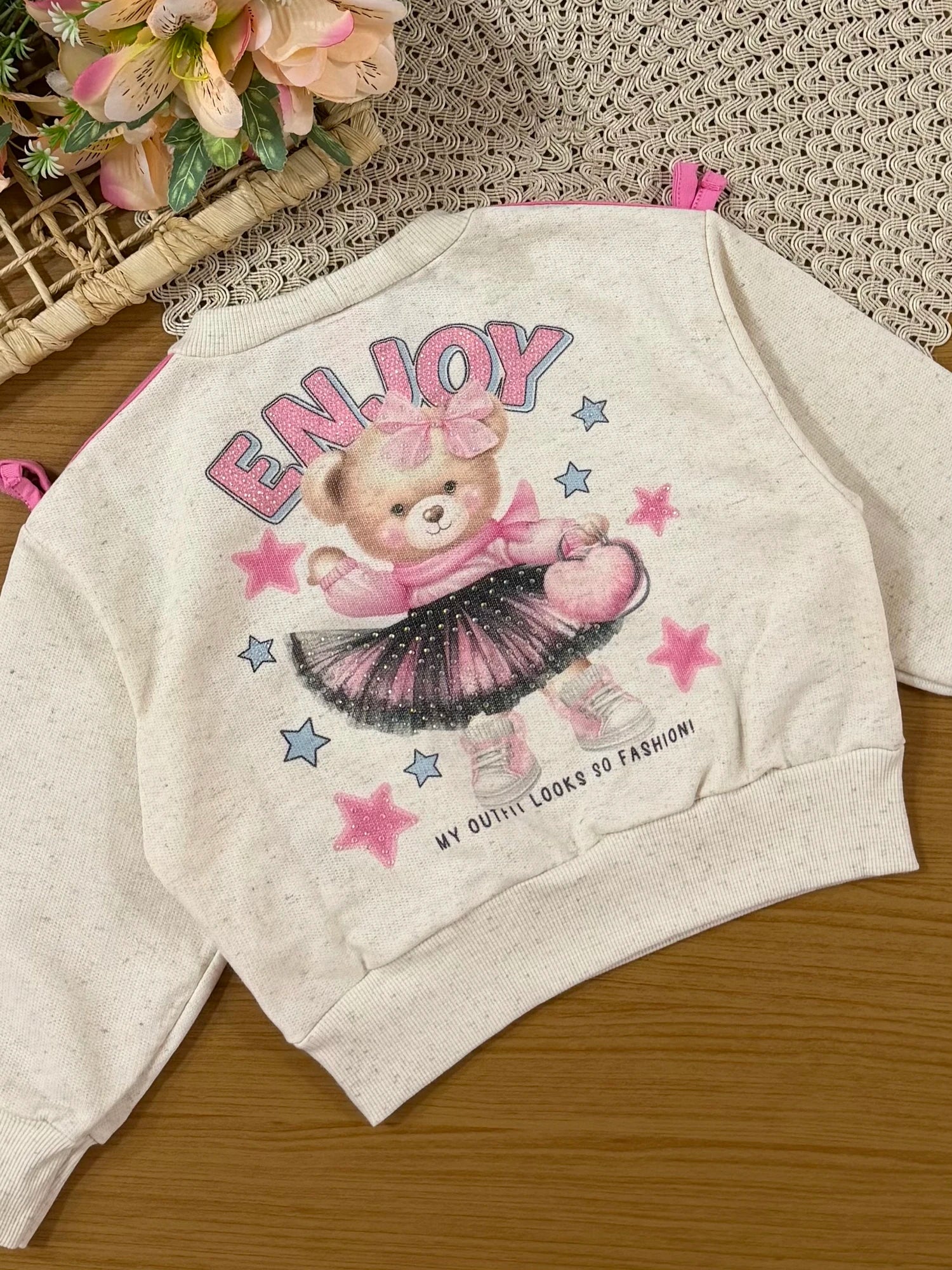 Conjunto Infantil Cinti Inverno com Shorts Saia e Moletom sem Flanela Off White Ursinha Enjoy