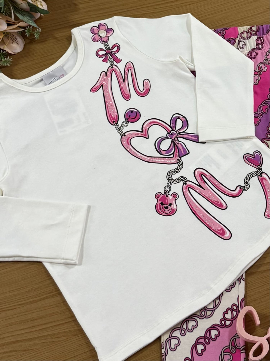 Conjunto Infantil Momi Inverno com Calça e Blusa Branca Lacinhos com Strass