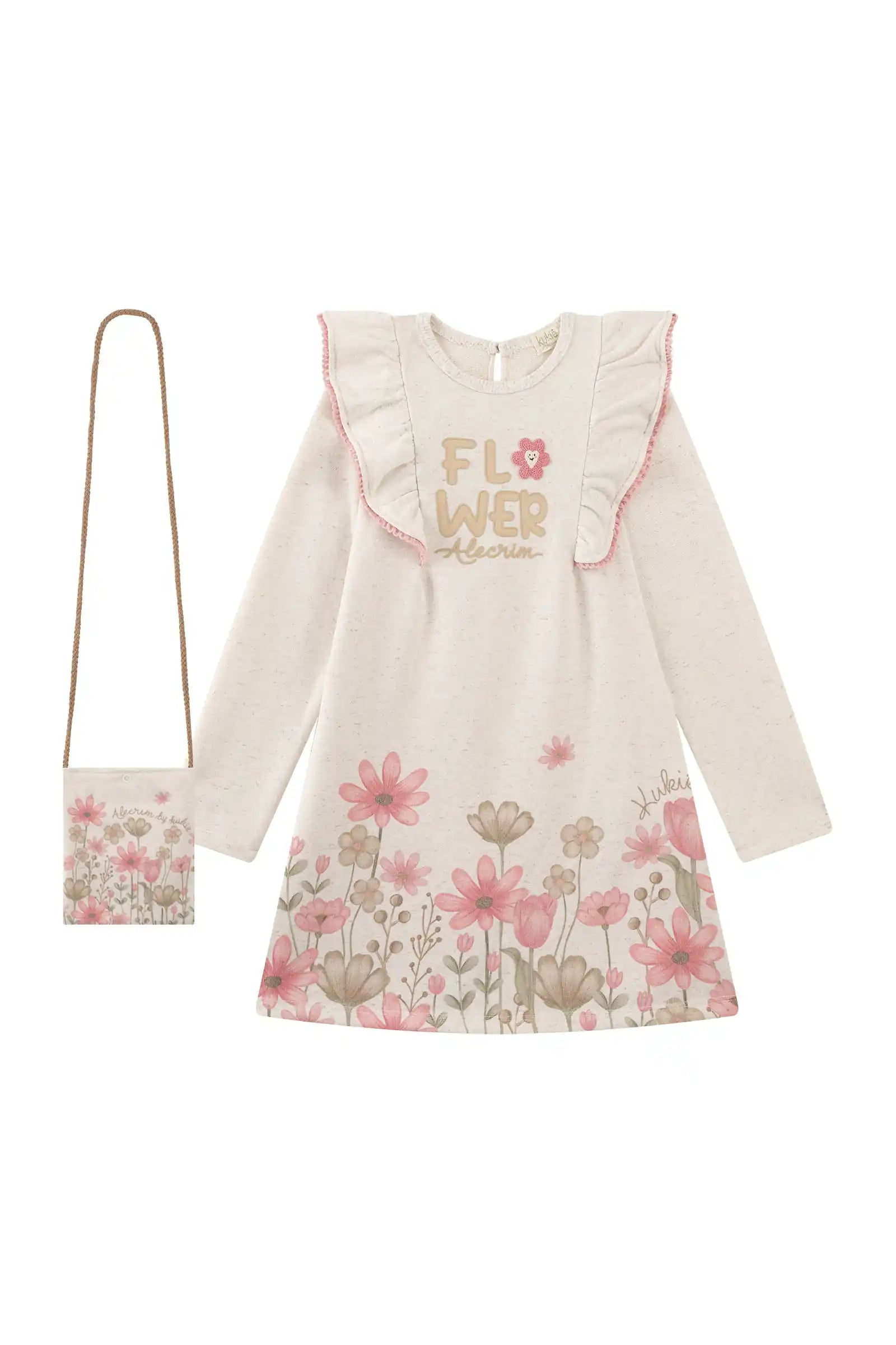 Vestido Infantil Kukiê Inverno Off White Flower com Bolsinha