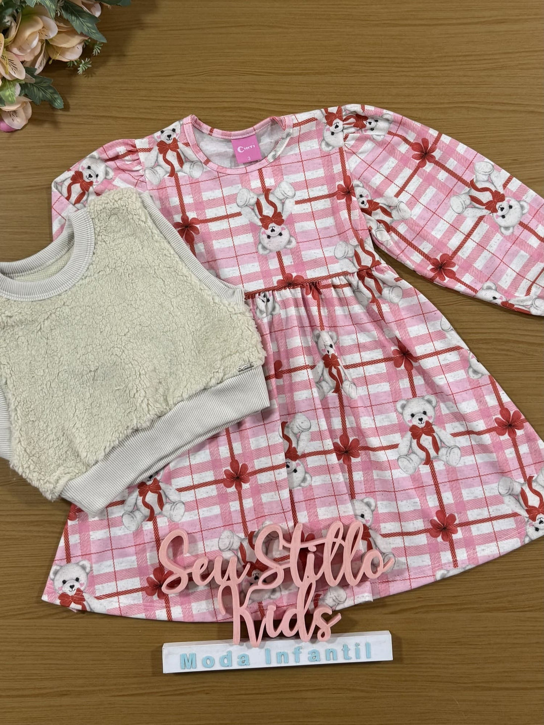 Vestido Infantil Cinti Inverno com Colete Ursinho