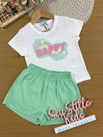 Conjunto Infantil Kukiê com Shorts Verde e Blusa Manga Curta Happy