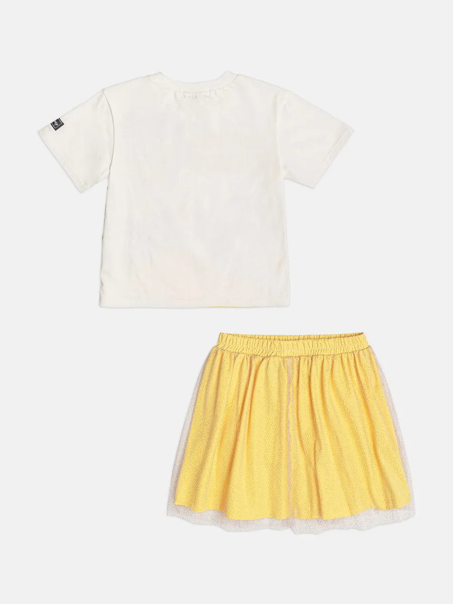 Conjunto Infantil Menina Bimbi Saia Amarela em Tule e Blusa Branca de Neve Disney