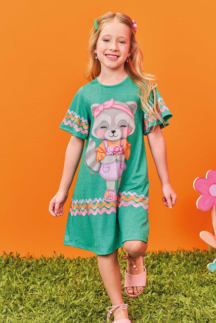 Vestido Infantil Kukie Verão Verde Guaxinim