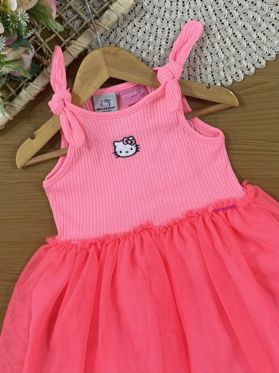 Vestido Infantil Momi Verão Rosa com Tule Hello Kitty