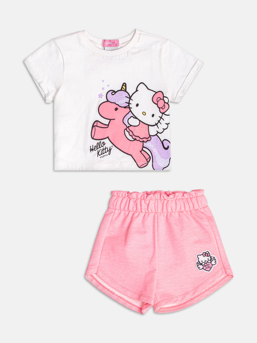 Conjunto Infantil Momi Verão com Shorts Rosa e Blusa Branca Hello Kitty Unicórnio