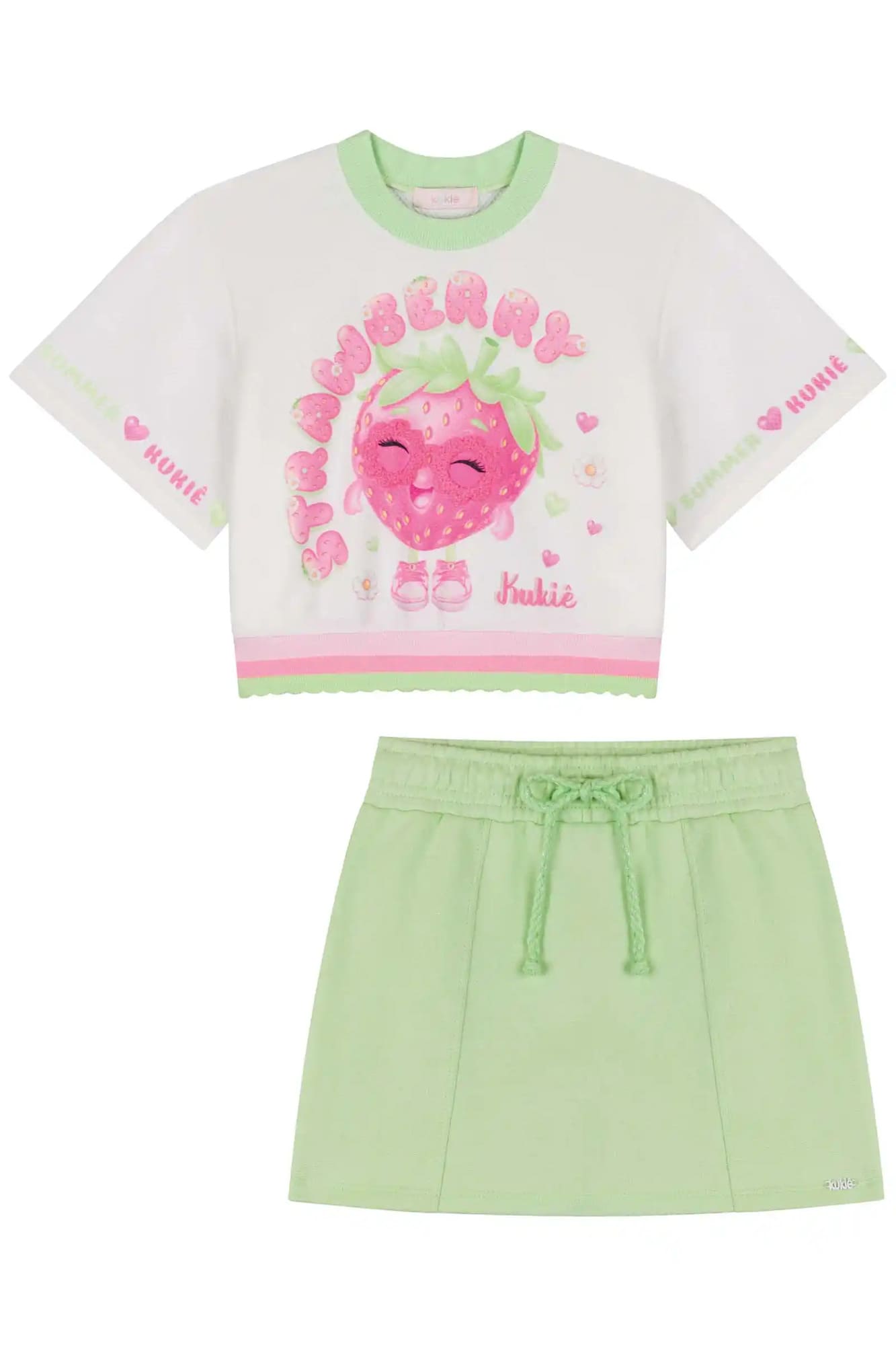 Conjunto Infantil Kukiê Verão com Shorts Saia Verde e Blusa Branca Moranguinho