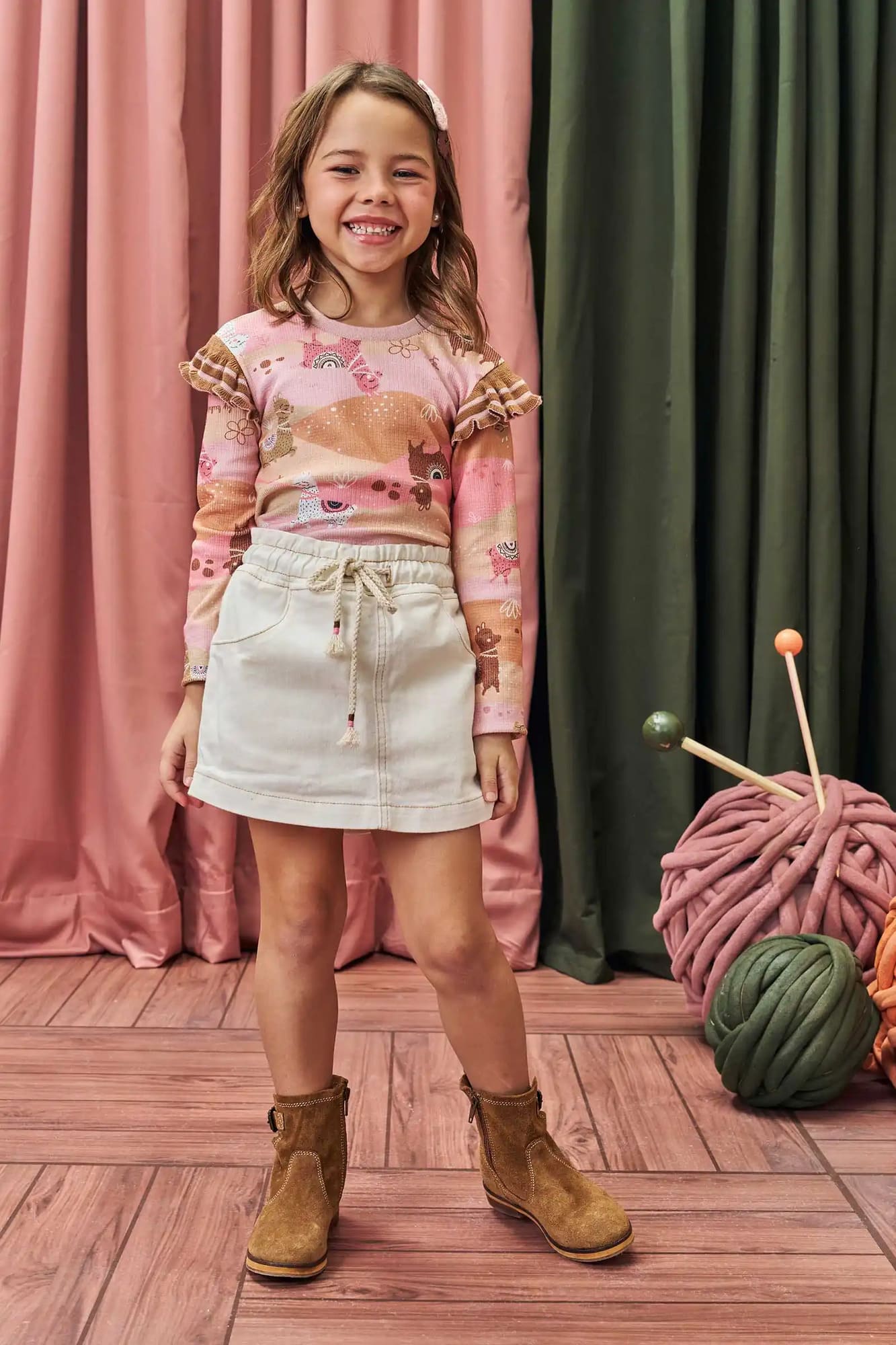 Conjunto Infantil Kukiê Inverno Short Saia e Blusa Manga Longa Lhamas