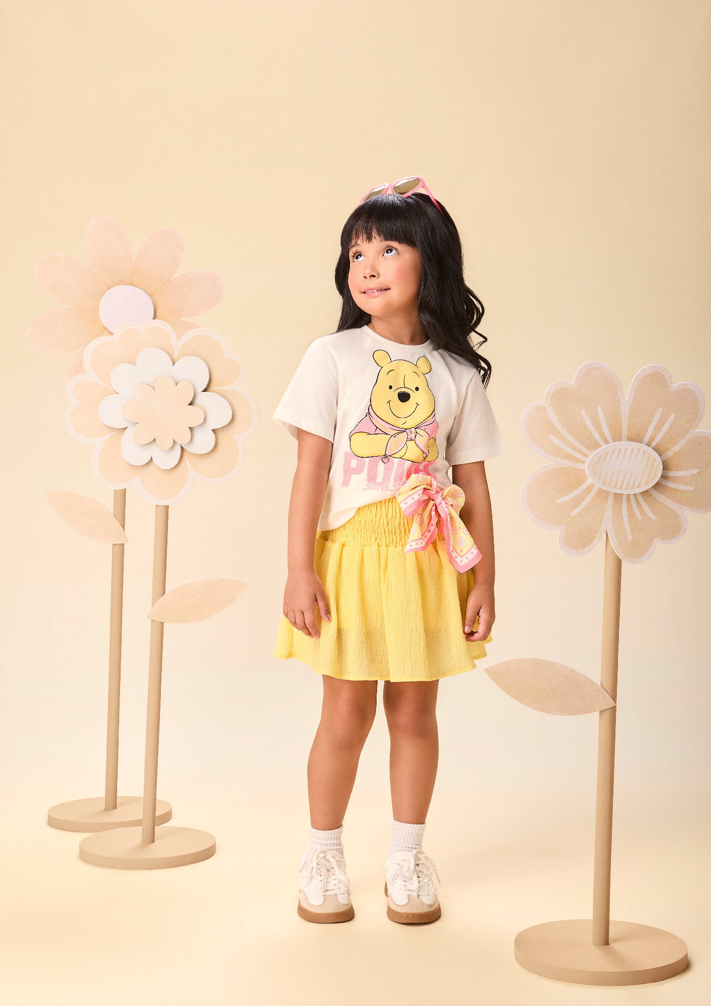Conjunto Infantil Menina Momi com Saia Amarela e Blusa Ursinho Pooh Strass Disney