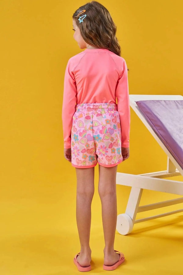 Blusa Infantil Manga Longa com Proteção Solar Kukiê Verão Rosa Neon