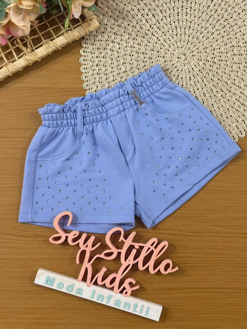 Shorts Infantil Menina Momi Azul com Strass