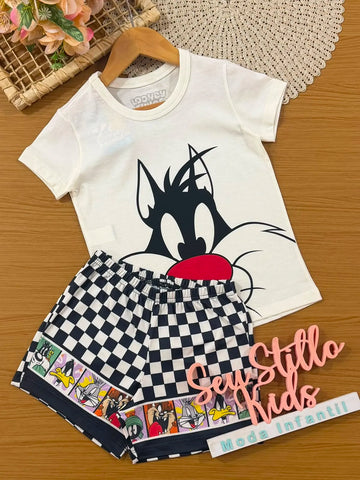 Pijama Infantil Menina Veggi com Shorts Xadrez e Blusa Frajola Looney Tunes