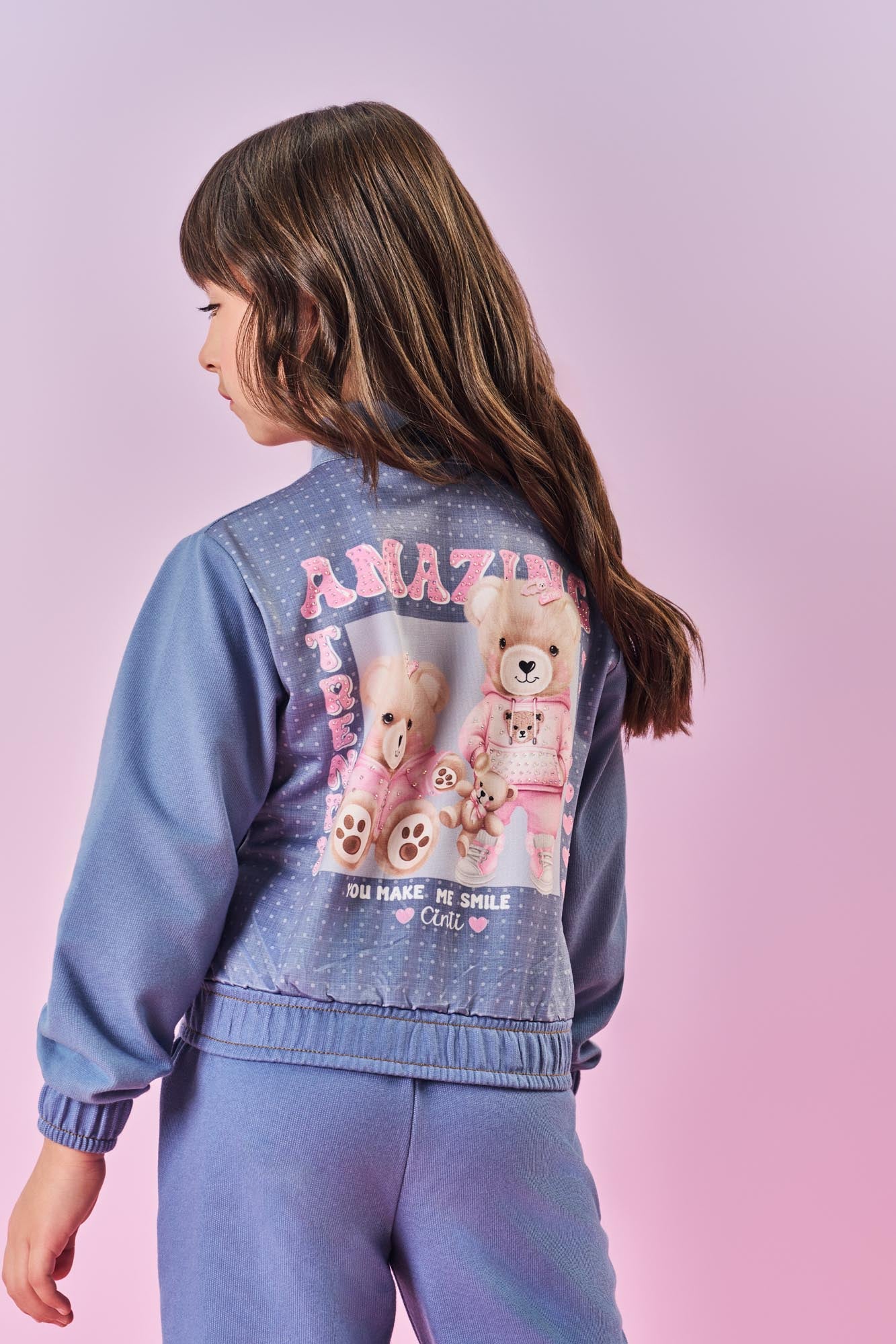 Conjunto Infantil Cinti Inverno com Calça e Jaqueta Jeans Claro Ursinhos