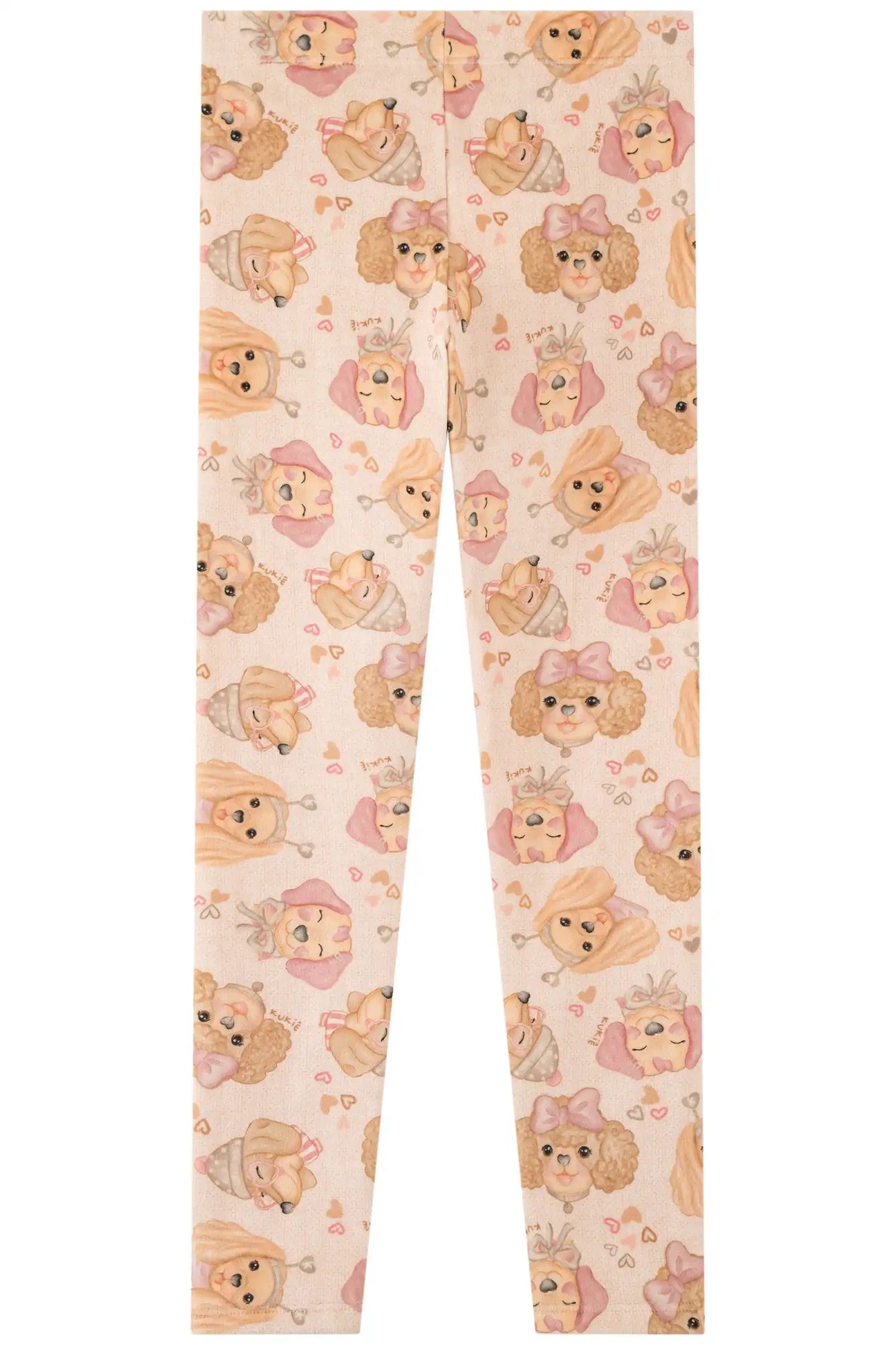 Conjunto Infantil Kukiê Inverno com Calça Legging e Moletom Flanelado Bege Cachorrinha Fluffy