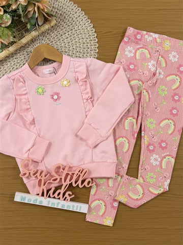 Conjunto Infantil Kukiê Inverno com Calça Legging e Moletom sem Flanela Rosa Florzinhas Coloridas
