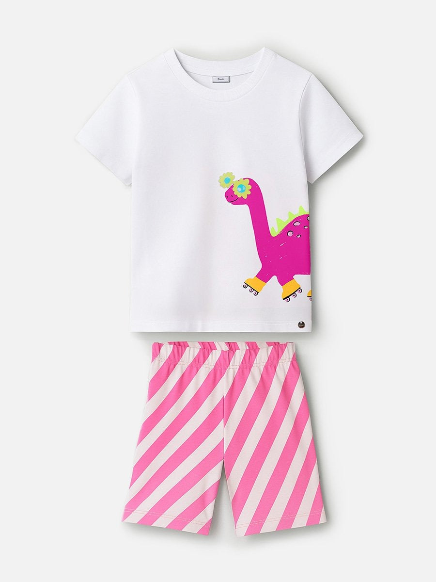 Conjunto Infantil Bimbi Verão com Shorts Ciclista Rosa Listrado e Blusa Branca Dino