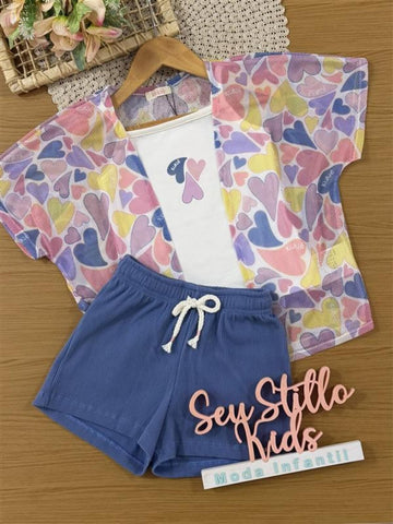 Conjunto Infantil Kukiê Inverno com Shorts Azul, Blusa e Kimono Corações