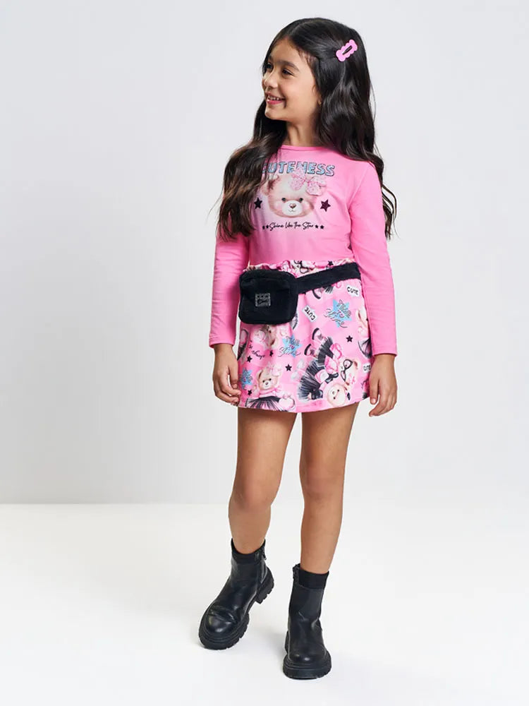 Conjunto Infantil Cinti Inverno Com Shorts Pochete e Blusa Rosa Manga Longa Ursinha Shine