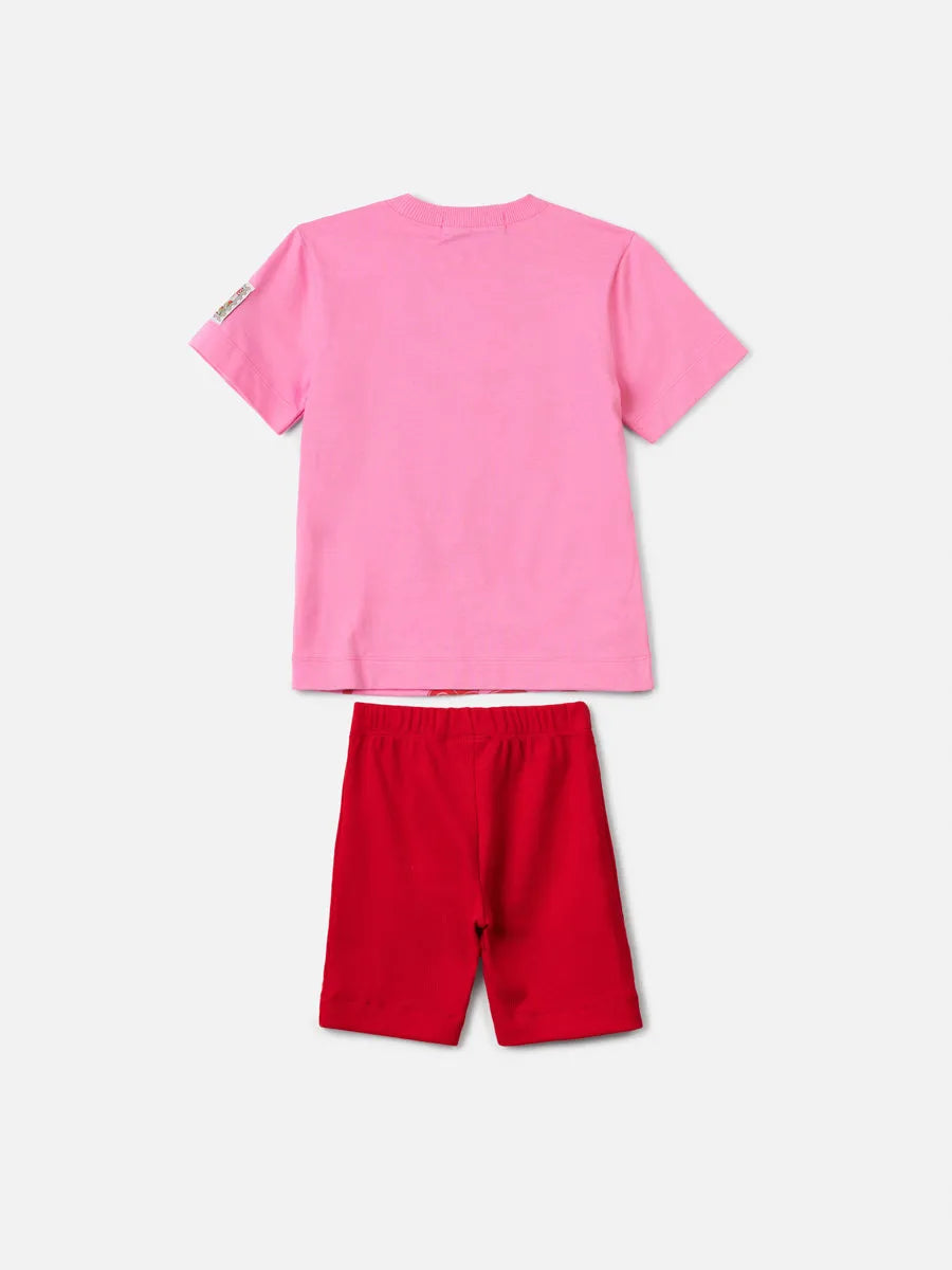 Conjunto Infantil Menina Animê com Shorts Ciclista Vermelho e Blusa Rosa Minnie Disney