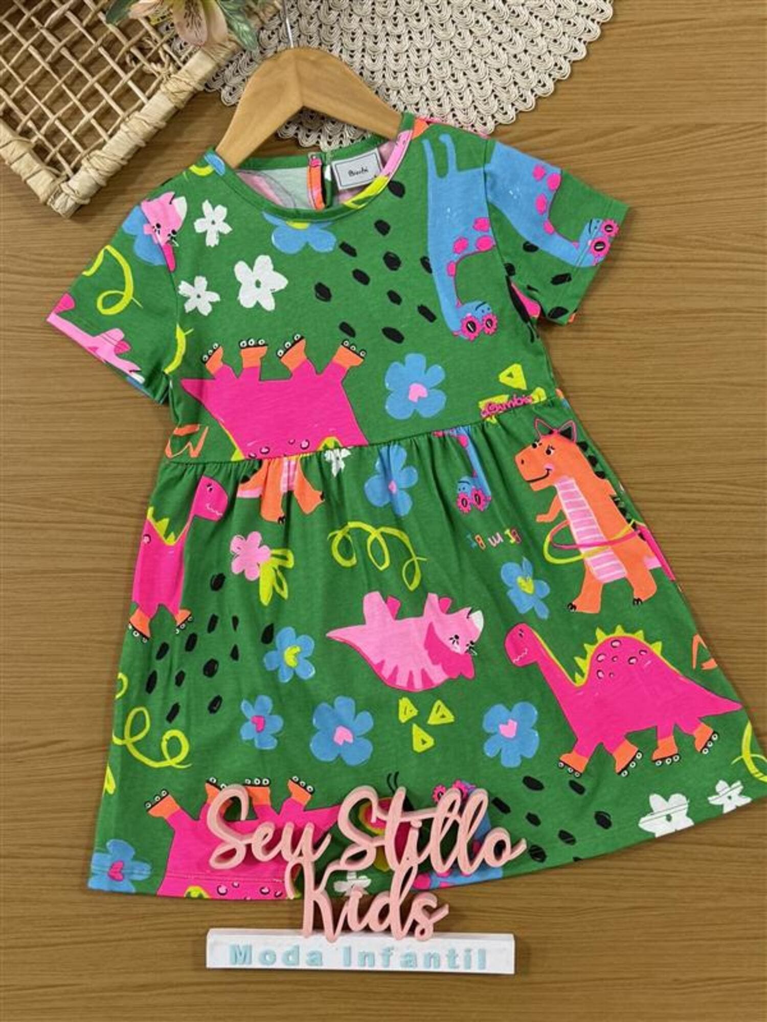 Vestido Infantil Bimbi Verão Verde Dinossauros